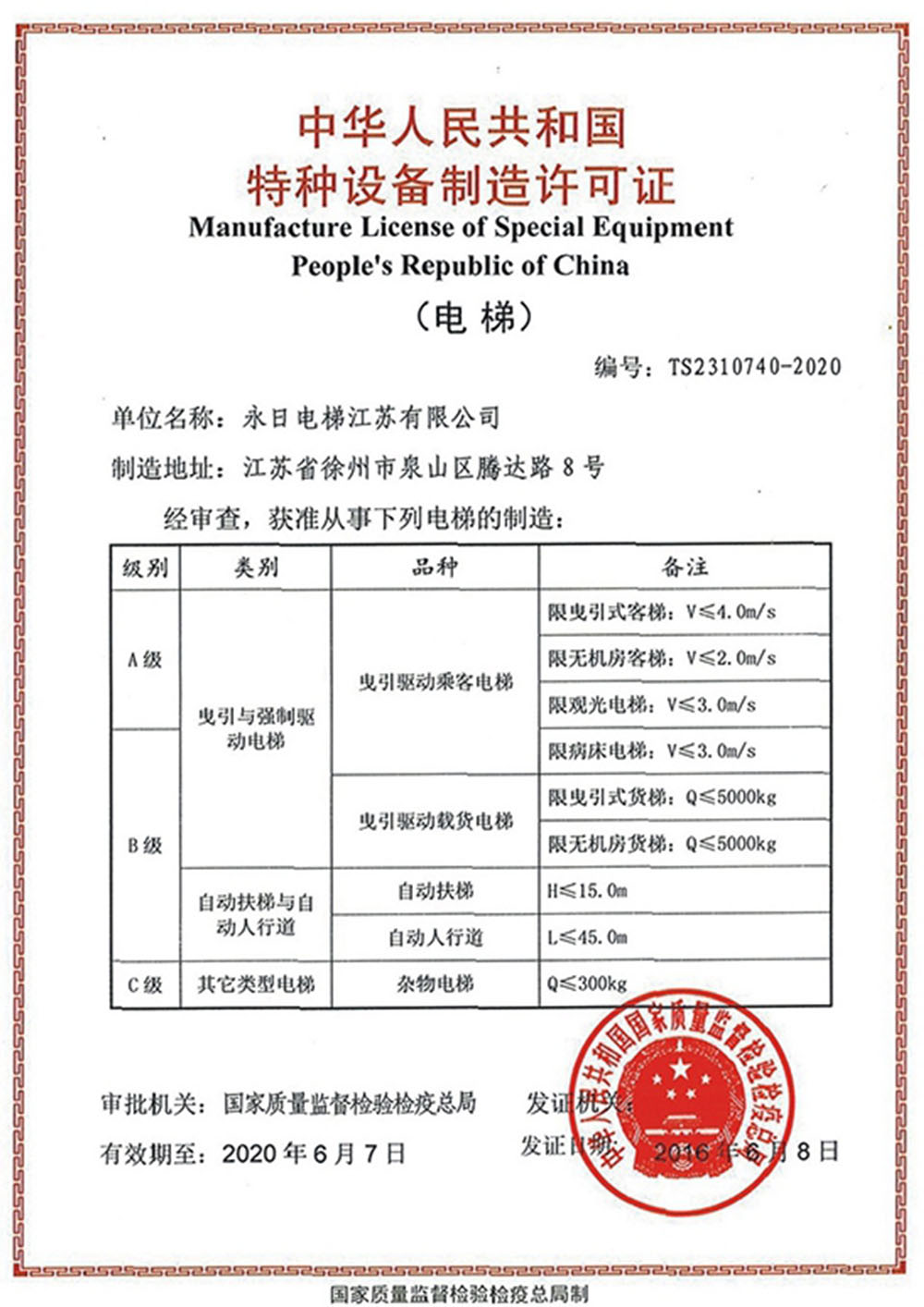 Special equipment manufacturing license (Jiangsu)